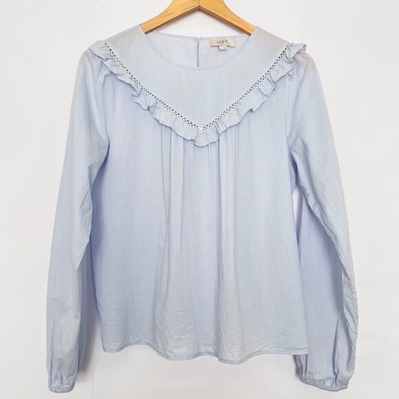 LOFT Tops - Loft Ruffle Blouse Long Sleeve Cotton Sheer Cottagecore Prairie Size Small Blue